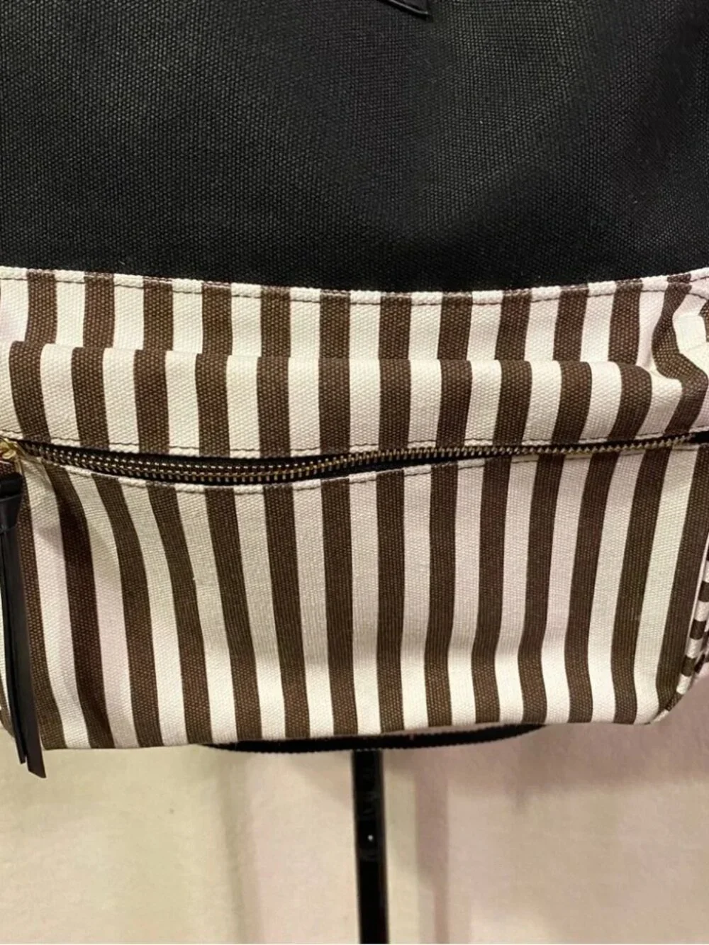 Henri Bendel black white brown striped canvas backpack large